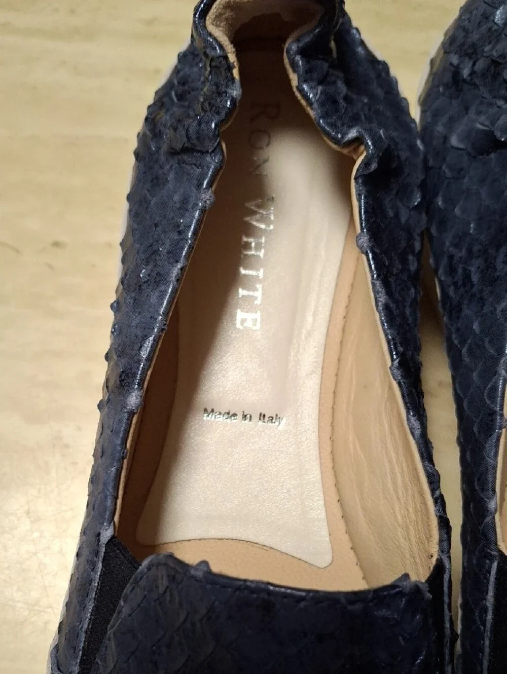 Ron White Navy Snake-Embossed Slip-On Flats with Cream Sole Size 38